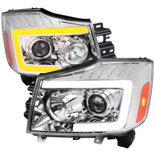 2004-2015 Nissan Titan / 2004-2007 Armada LED C-Bar Projector Headlights w/ Switchback Sequential Turn Signals (Chrome Housing/Clear Lens)