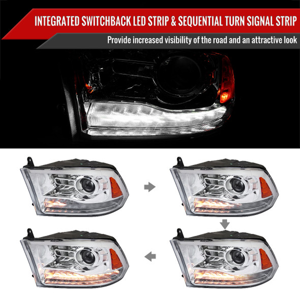 2009-2018 Dodge RAM 1500 / 2019-2021 RAM Classic / 2010-2018 RAM 2500 3500 Switchback Sequential LED Bar Projector Headlights (Chrome Housing/Clear Lens)