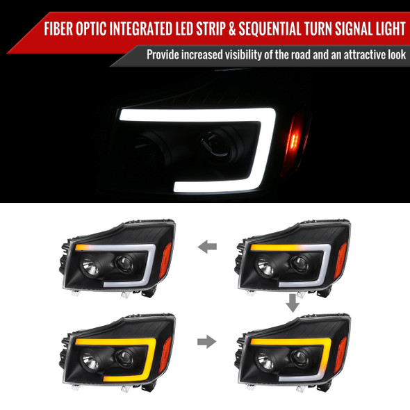 2004-2015 Nissan Titan / 2004-2007 Armada LED C-Bar Projector Headlights w/ Switchback Sequential Turn Signals (Matte Black Housing/Clear Lens)