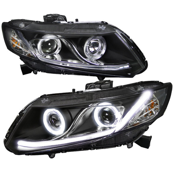 2012-2013 Honda Civic Coupe/ 2012-2015 Civic Sedan Dual Halo Projector Headlights w/ LED Bar (Matte Black Housing/Clear Lens)