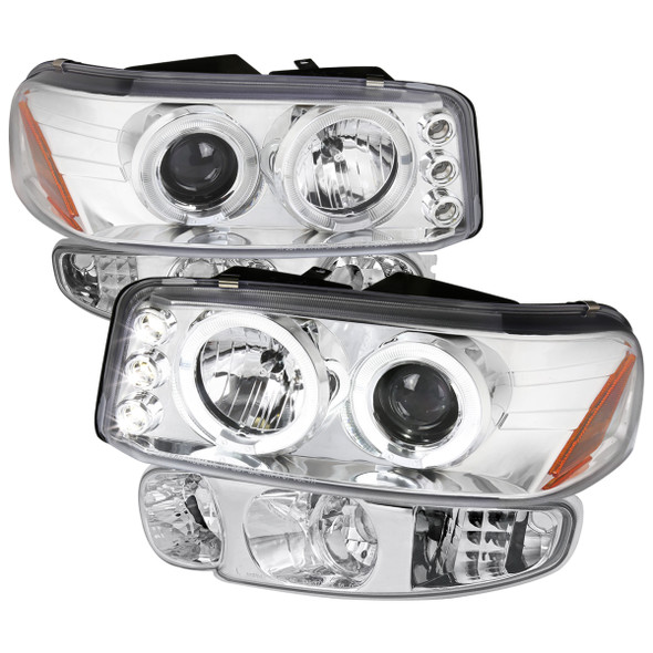 2001-2006 GMC Yukon + XL Denali/ 2002-2006 GMC Sierra Denali Dual Halo Projector Headlights w/ Bumper Lights (Chrome Housing/Clear Lens)