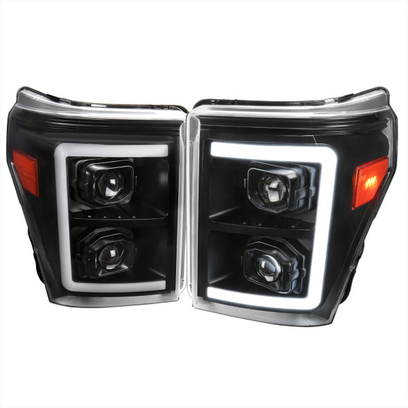 2011-2016 Ford F-250 F-350 F-450 F-550 Switchback Sequential LED C-Bar Projector Headlights (Matte Black Housing/Clear Lens)