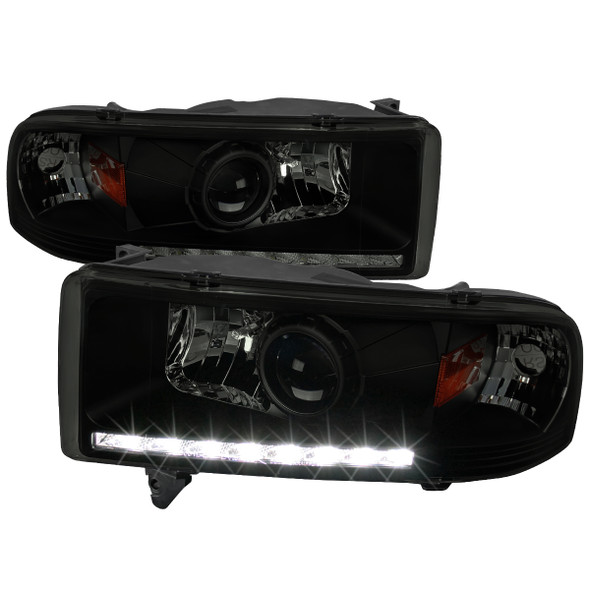 1994-2001 Dodge RAM 1500/ 1994-2002 RAM 2500 3500 Projector Headlights w/ SMD LED Light Strip (Black Housing/Smoke Lens)