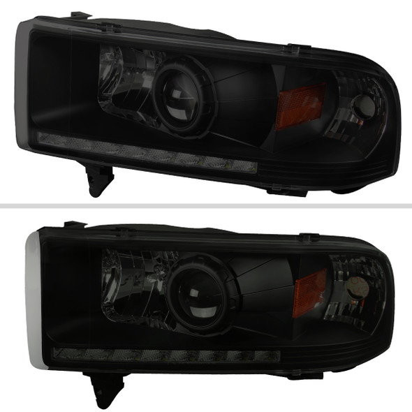 1994-2001 Dodge RAM 1500/ 1994-2002 RAM 2500 3500 Projector Headlights w/ SMD LED Light Strip (Black Housing/Smoke Lens)