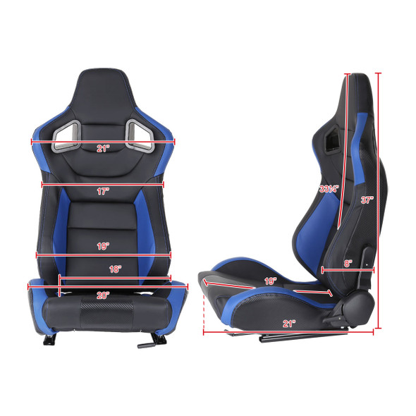 Fully Reclinable Black & Blue PVC Leather Carbon Fiber Style Bucket Racing Seat w/ Sliders - Driver Side Only