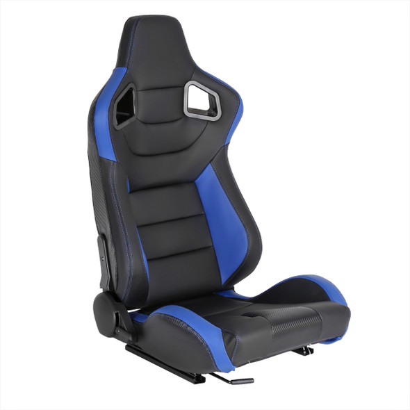 Fully Reclinable Black & Blue PVC Leather Carbon Fiber Style Bucket Racing Seat w/ Sliders - Passenger Side Only