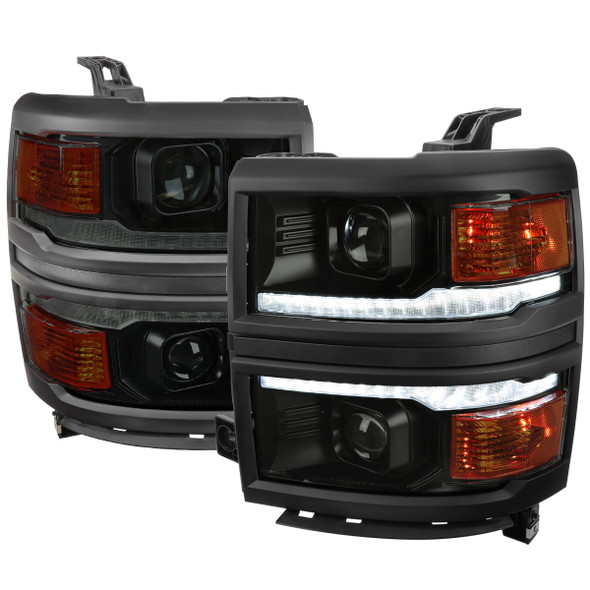 2014-2015 Chevrolet Silverado 1500 Switchback Sequential LED Bar Projector Headlights (Matte Black Housing/Smoke Lens/Black Trim)