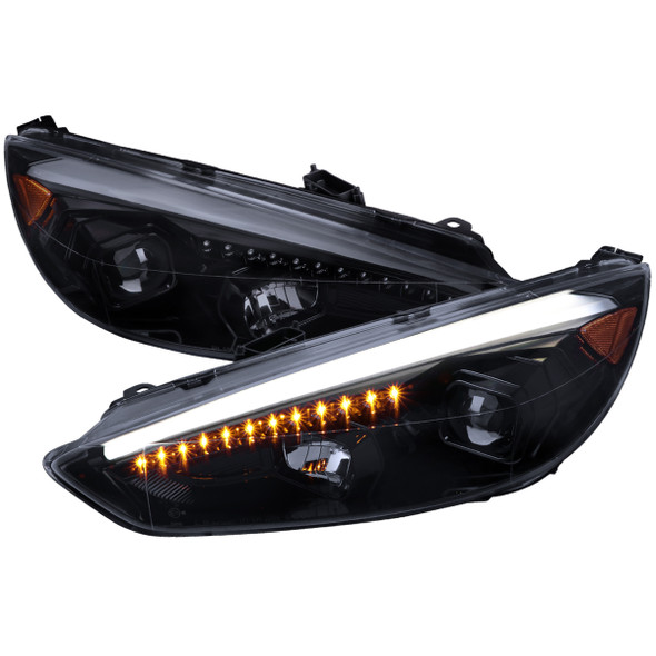 2015-2018 Ford Focus LED Sequential Signal Projector Headlights (Glossy Black Housing/Smoke Lens)