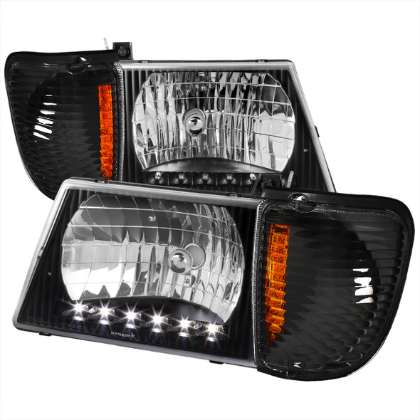 1992-2006 Ford Econoline E-Series LED Strip Factory Headlights and Corner Lights (Matte Black Housing/Clear Lens)