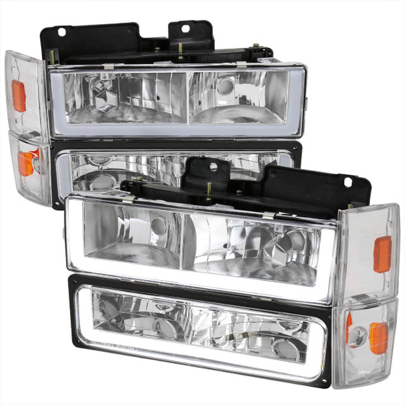 1988-1993 Chevrolet/GMC C10 C/K Sierra Tahoe LED Tube Factory Style Headlights with Bumper & Corner Lights (Chrome Housing/Clear Lens)