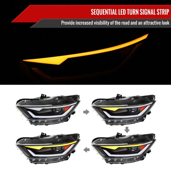 2015-2017 Ford Mustang/2018-2020 Mustang Shelby HID/Xenon Switchback Sequential LED Turn Signal Projector Headlights (Matte Black Housing/Clear Lens)