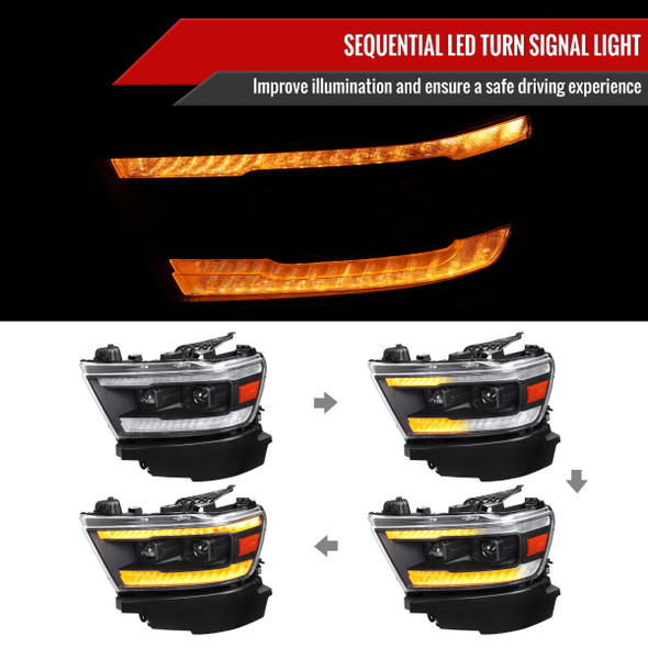 2019-2022 Dodge RAM 1500 Switchback Sequential LED Turn Signal Projector Headlights (Matte Black Housing/Clear Lens)