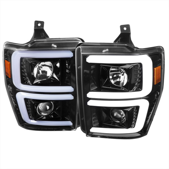 2008-2010 Ford F-250/F-350/F-450/F-550 LED Sequential Turn Signal Bar Projector Headlights (Jet Black Housing/Clear Lens)