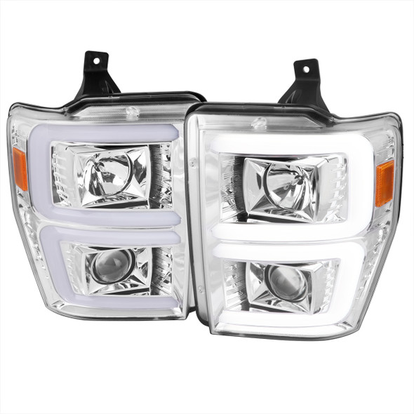 2008-2010 Ford F-250/F-350/F-450/F-550 LED Sequential Turn Signal Bar Projector Headlights (Chrome Housing/Clear Lens)