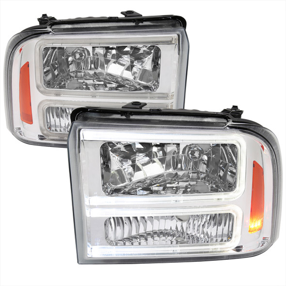 2005-2007 Ford F-250/F-350/F-450/F-550 Super Duty Dual LED C-Bar Factory Style Headlights (Chrome Housing/Clear Lens)