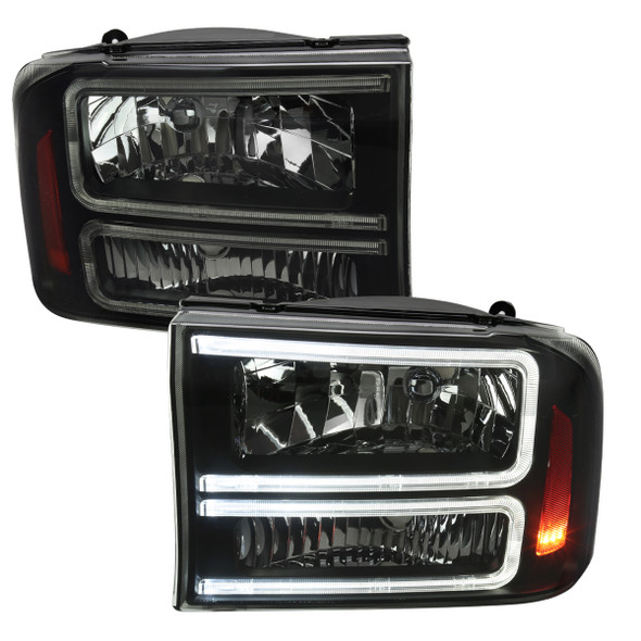 1999-2004 Ford F-250/F-350/F-450/F-550/2000-2004 Excursion Euro Factory Style Headlights with Dual LED C-Bar & Amber Reflectors (Jet Black Housing/Smoke Lens)