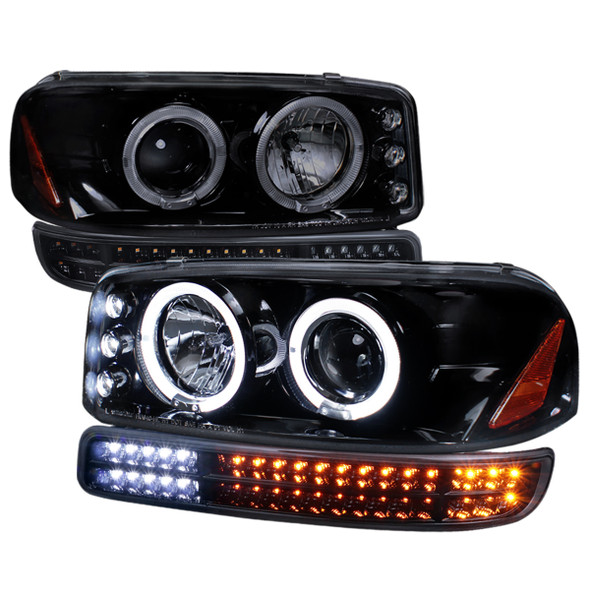 1999-2006 GMC Sierra/ 2000-2006 Yukon/Yukon XL Dual Halo Projector Headlights with LED Sequential Turn Signal Bumper Lights (Glossy Black Housing/Smoke Lens)