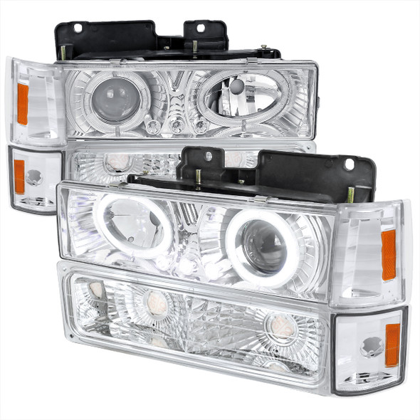 1994-1999 GMC C/K C10 Sierra Dual Halo Projector Headlights With Bumper and Corner Signal Lights (Chrome Housing/Clear Lens)
