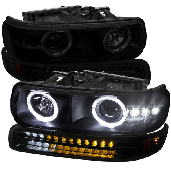1999-2002 Chevrolet Silverado/ 2000-2006 Chevrolet Tahoe/Suburban Dual Halo Projector Headlights with LED Sequential Turn Signal Bumper Lights (Black Housing/Smoke Lens)