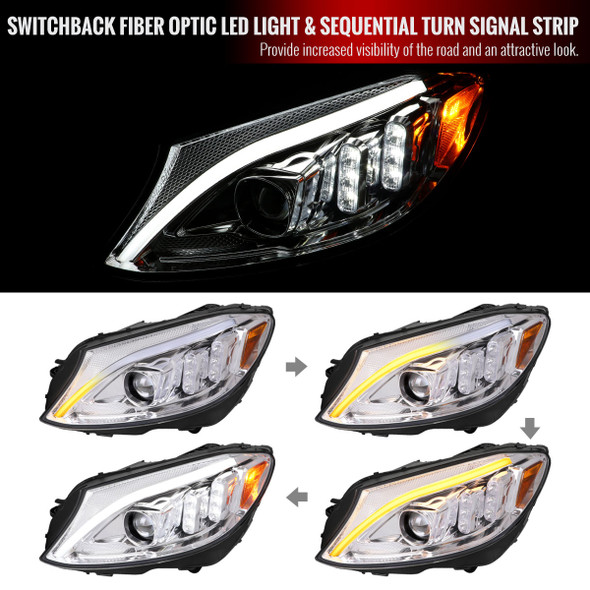 2015-2018 Mercedes-Benz C-Class W205 Switchback Sequential Turn Signal Projector Headlights (Chrome Housing/Clear Lens)