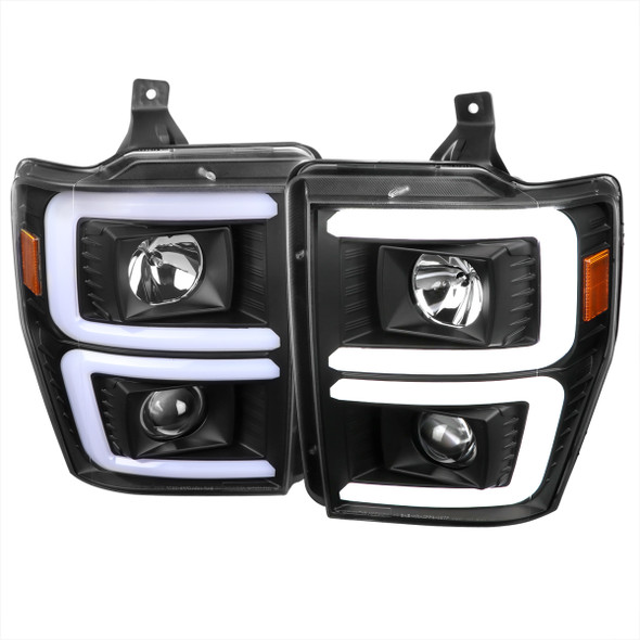 2008-2010 Ford F-250/F-350/F-450/F-550 LED Sequential Turn Signal Bar Projector Headlights (Matte Black Housing/Clear Lens)