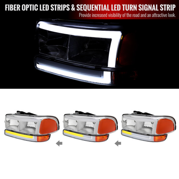 1999-2006 GMC Sierra/2007 Sierra Classic/2000-2006 Yukon/XL Factory Style Headlights and Sequential Turn Signal Bumper Lights (Chrome Housing/Clear Lens)