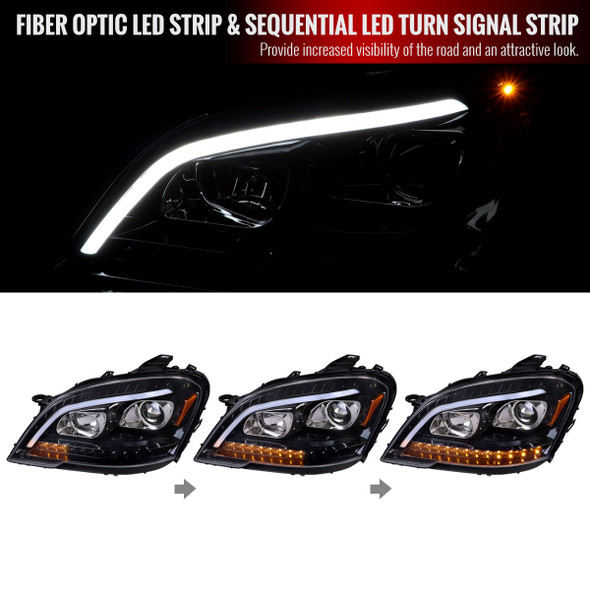 2009-2011 Mercedes Benz W164 ML-Class LED Sequetial Turn Signal Projector Headlights (Glossy Black Housing/Clear Lens)