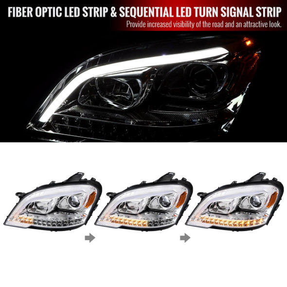 2009-2011 Mercedes Benz W164 ML-Class LED Sequetial Turn Signal Projector Headlights (Chrome Housing/Clear Lens)