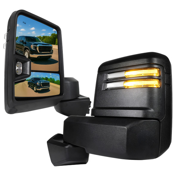2019-2025 GMC Sierra 1500 Power Adjustable, Heated, & Manual Extendable Black Towing Mirrors w/ Clear Lens LED Turn Signal & Clearance Lights