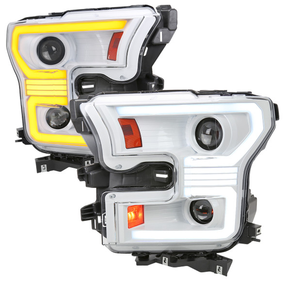 2015-2017 Ford F-150 LED Bar Projector Headlights w/ Switchback Sequential Turn Signals (White Housing / Clear Lens)