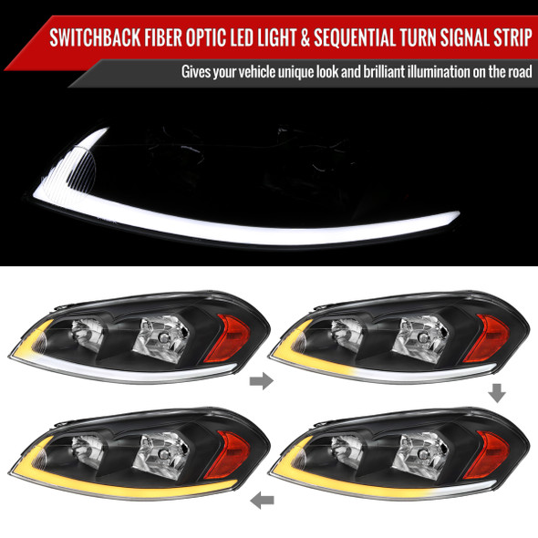 2006-2013 Chevrolet Impala/2014-2016 Impala Limited/2006-2007 Monte Carlo Switchback Sequential Signal LED Bar Factory Style Headlights (Matte Black Housing/Clear Lens)