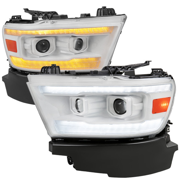 2019-2022 Dodge RAM 1500 Switchback Sequential LED Turn Signal Projector Headlights (White Housing/Clear Lens)