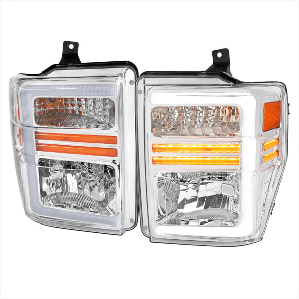 2008-2010 Ford F-250/F-350/F-450/F-550 Super Duty LED Sequential Signal Factory Style Headlights (Chrome Housing/Clear Lens)