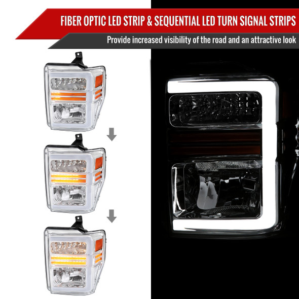 2008-2010 Ford F-250/F-350/F-450/F-550 Super Duty LED Sequential Signal Factory Style Headlights (Chrome Housing/Clear Lens)