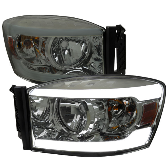 2006-2008 Dodge RAM 1500/ 2006-2009 RAM 2500 3500 LED Tube Factory Style Headlights with Amber Reflector (Chrome Housing/Light Smoke Lens)