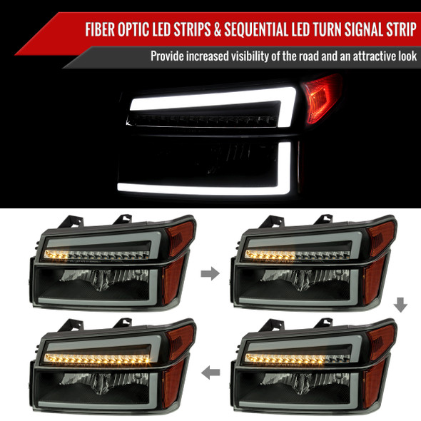 2004-2012 Chevrolet Colorado GMC Canyon/2006-2008 ISUZU I-Series Sequential Turn Signal Factory Style Headlights with LED Bar (Matte Black Housing/Smoke Lens)