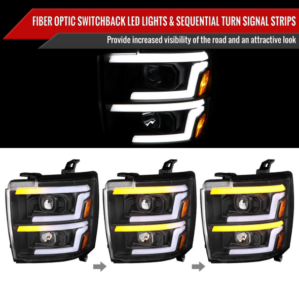 2015-2019 Chevrolet Silverado 2500HD/3500HD Switchback Sequential LED Turn Signal Projector Headlights (Matte Black Housing/Clear Lens)