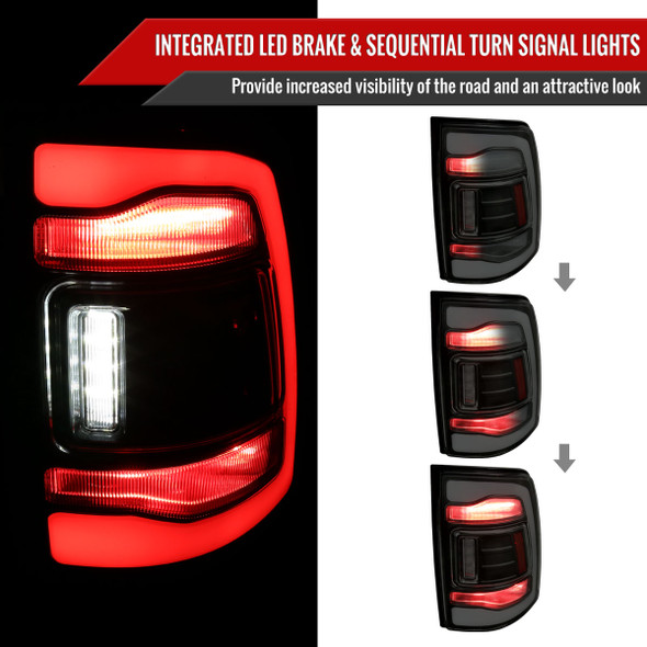 2013-2018 RAM 1500/2500/3500 Sequential Signal LED Tail Lights (Black Housing/Smoke Lens)