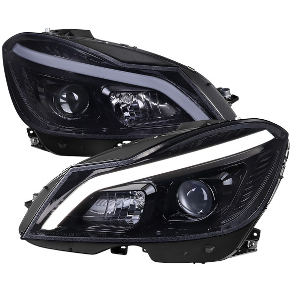 2012-2014 Mercedes-Benz W204 C-Class Switchback Sequential LED Bar Projector Headlights (Matte Black Housing/Smoke Lens)