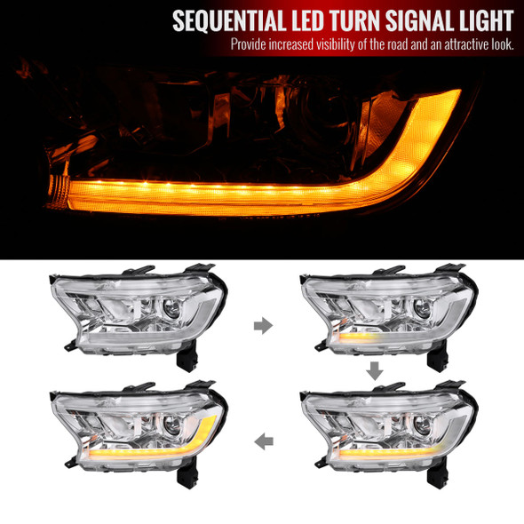 2019-2022 Ford Ranger Switchback Sequential LED Bar Projector Headlights (Chrome Housing/Clear Lens)