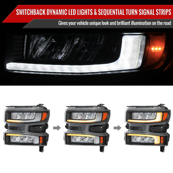 2019-2021 Chevrolet Silverado 1500 Full LED Projector Headlights with Sequential LED Turn Signal (Matte Black Housing/Clear Lens)