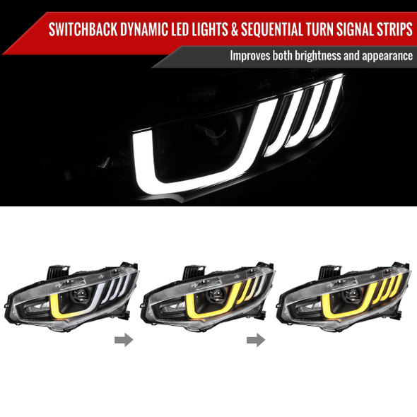 2016-2021 Honda Civic Projector Headlights w/ LED Switchback Sequential Turn Signal (Matte Black Housing/Clear Lens)