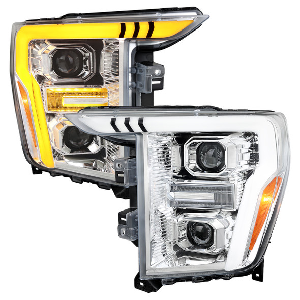 2021-2025 Ford F-150 Projector Headlight w/ Switchback Sequential Turn Signal LED Bar (Chrome Housing / Clear Lens)
