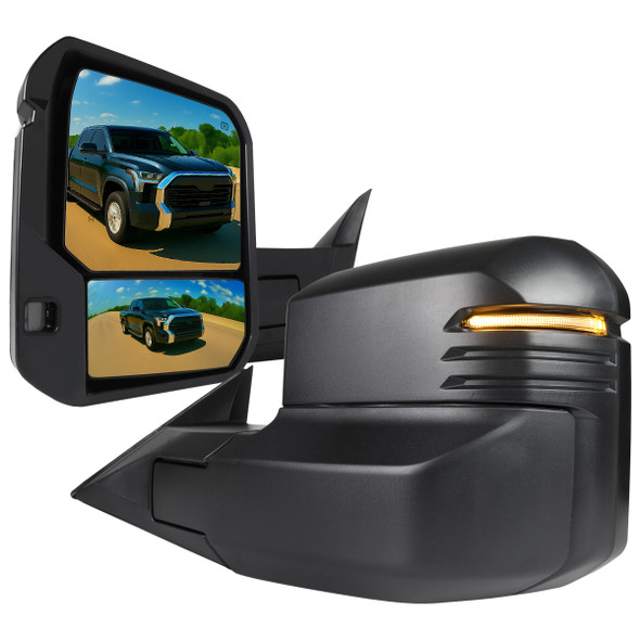 2022-2024 Toyota Tundra Matte Black Power Power Plane Mirror w/ Manual Convex Mirror, Manual Fold & Rotate, BSD, Heated Plane Mirror and LED Turn Signal Light