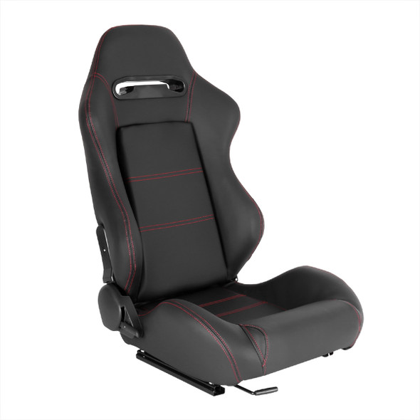 Fully Reclinable Black PVC Leather Red Stitch Bucket Racing Seat w/ Sliders - Passenger Side Only