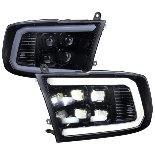 2009-2018 Dodge RAM 1500 / 2019 RAM Classic / 2010-2018 RAM 2500 3500 LED Bar Sequential Turn Signal Projector Headlights (Glossy Black Housing / Smoked Lens)