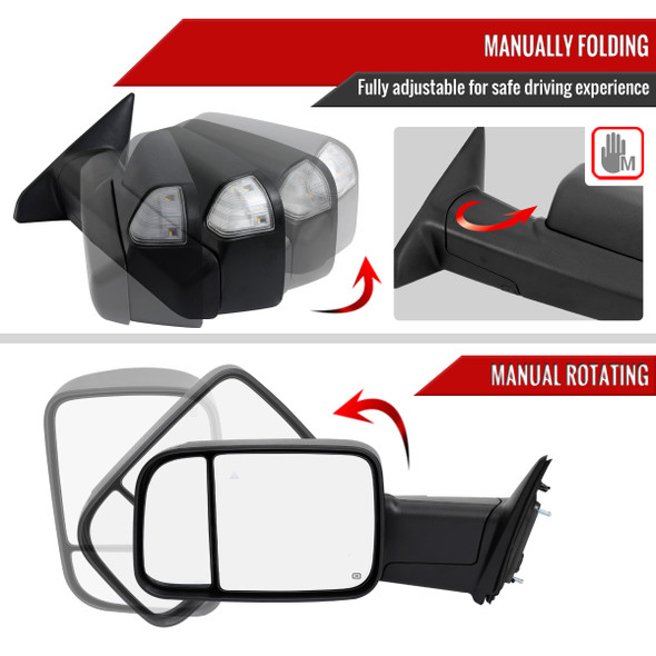 2019-2022 Ram 2500 3500 Black Power Adjustable, Manual Fold, BSD & Heated Side Mirror w/ LED Puddle and Turn Signal Light - Driver Side Only