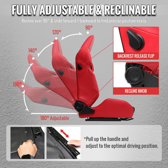 Universal Fully Reclinable Red PU Leather Black Suede Bucket Racing Seat w/ Sliders - Single Seat