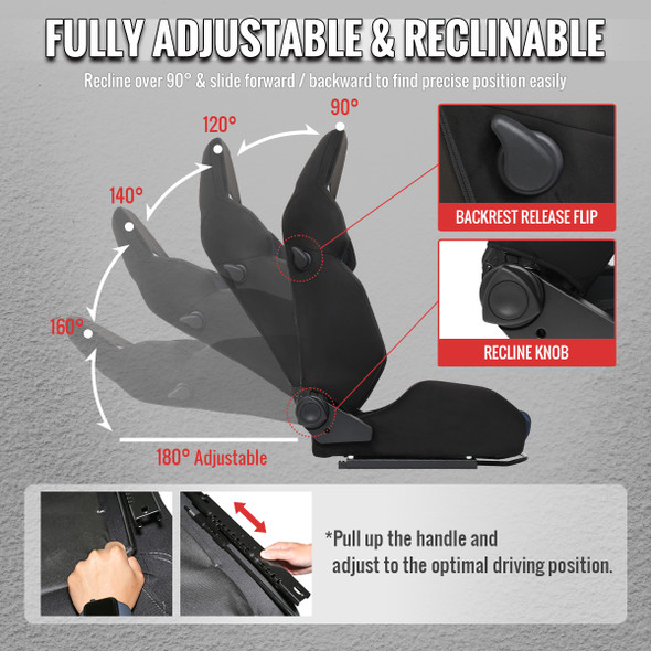 Universal Fully Reclinable Black Suede Blue Mesh Bucket Racing Seat w/ Sliders - Single Seat