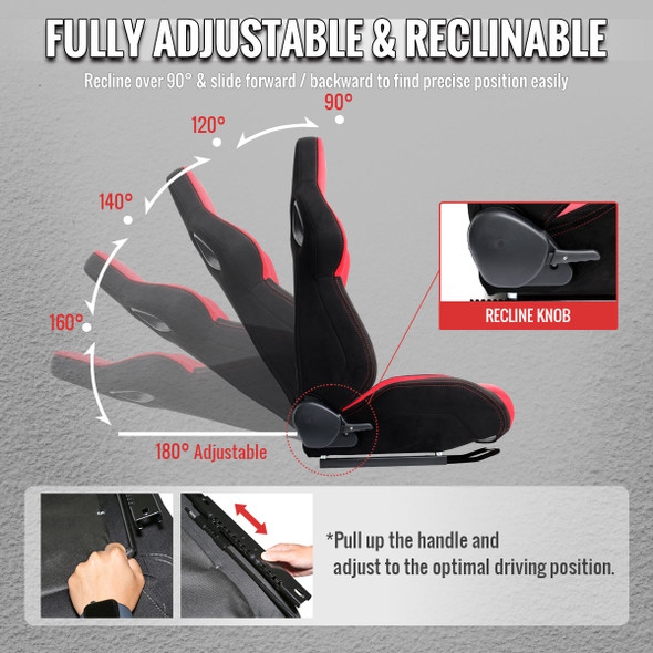 Universal Fully Reclinable Black Red Suede Bucket Racing Seat w/ Sliders - Passenger Side Only